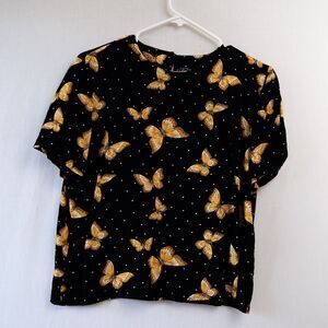 Vintage Norton McNaugton Petite 12 Black yellow moth butterfly polkadot blouse